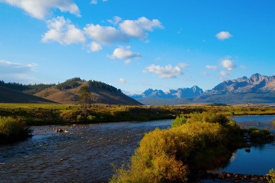Salmon River and the Sawtooth Mountains at sunset near Stanley, Idaho