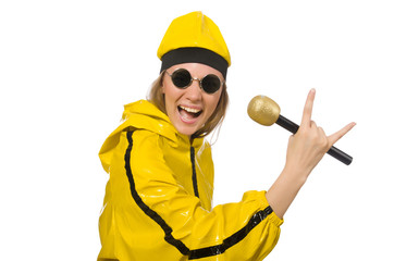 Woman in yellow suit isolated on white