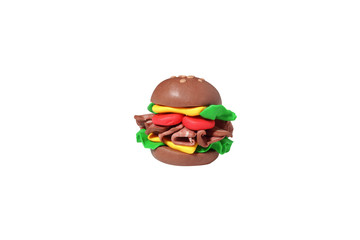 miniature cheese burger model from japanese clay on white background