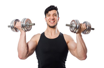 Man with dumbbells isolated on white