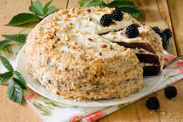 Homemade chocolate cake and cheese butter cream in rustic style