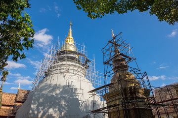 Repairing the pagoda at Wat Phra Sing in Chiang Mai, Thailand
