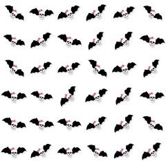 Skulls with pink bow and bat wings. Seamless pattern