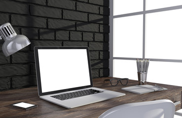 Fototapeta premium 3D illustration laptopand work stuff on table near brick wall