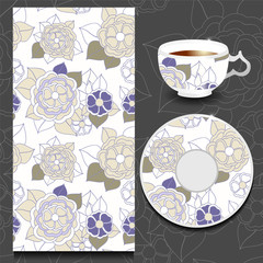 vector seamless floral russian or slavs pattern with cup and pla