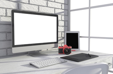 Fototapeta premium 3D illustration PC screen on table in office, Workspace