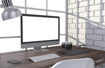 Fototapeta premium 3D illustration PC screen on table in office, Workspace
