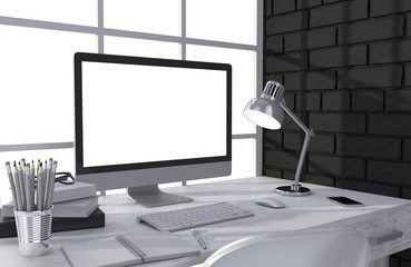 Fototapeta premium 3D illustration PC screen on table in office, Workspace