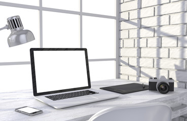 3D illustration laptopand work stuff on table near brick wall