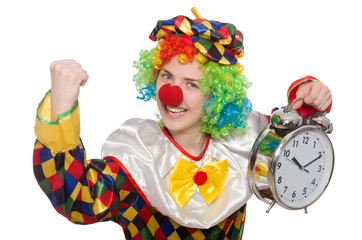 Clown with clock isolated on white