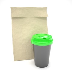 Coffee to go and lunch bag, on white.