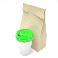 Coffee to go and lunch bag, on white.