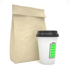 Coffee to go and lunch bag, on white.