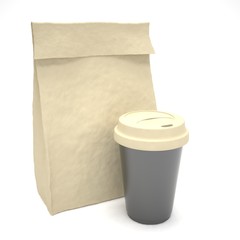 Coffee to go and lunch bag, on white.