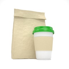 Coffee to go and lunch bag, on white.