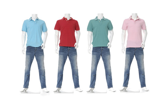 Four male mannequin dressed in jeans with colorful t-shirt 