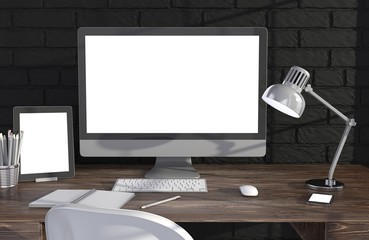 Fototapeta premium 3D illustration PC screen on table in office, Workspace