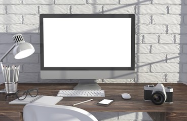 Fototapeta premium 3D illustration PC screen on table in office, Workspace