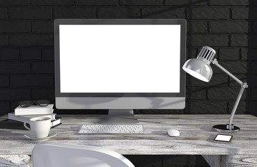 Fototapeta premium 3D illustration PC screen on table in office, Workspace