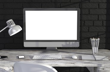 Fototapeta premium 3D illustration PC screen on table in office, Workspace