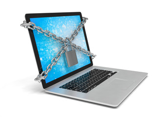 3d illustration computer security. laptop locked with chains and