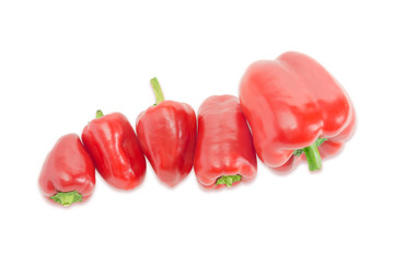 Several red bell peppers different sizes on a light background