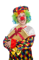 Fototapeta na wymiar Clown with giftbox isolated on white