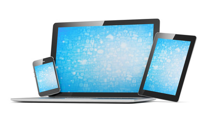 laptop, tablet, phone, on white