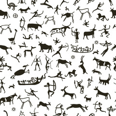 Rock paintings with ethnic people, seamless pattern