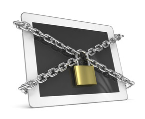 Fototapeta na wymiar tablet PC with chains and lock isolated on white background