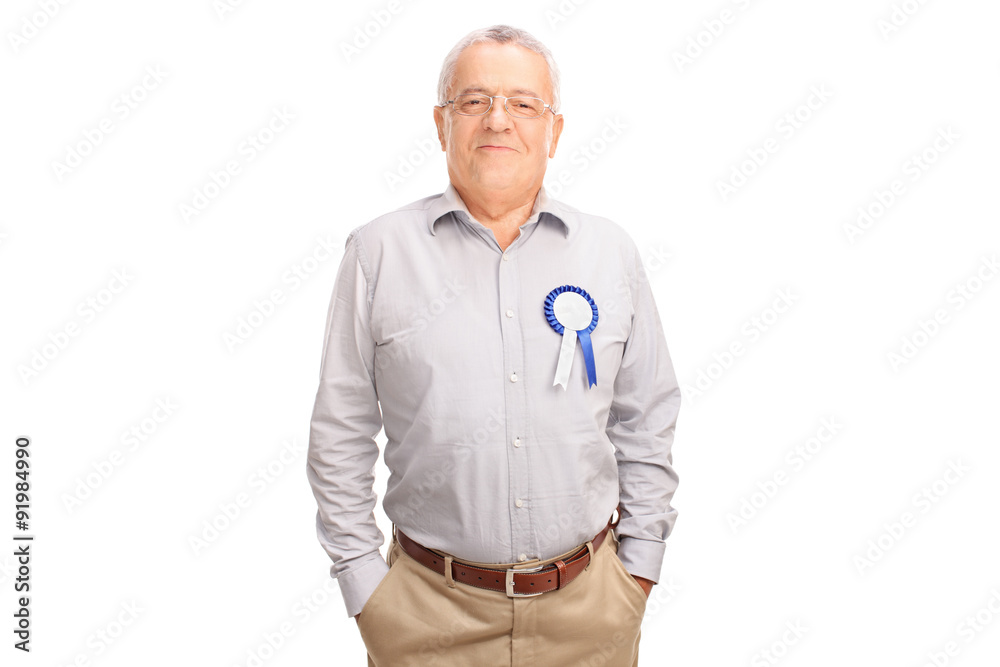 Canvas Prints Proud senior posing with blue award ribbon