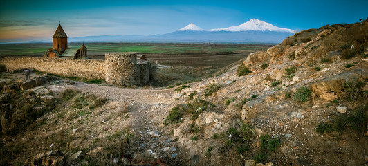 Khor virap monastery in front of Ararat mountain at sunrise, Autumn, Armenia