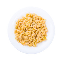 Plate of pasta seen from above isolated on white