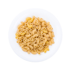 Plate of pasta seen from above isolated on white