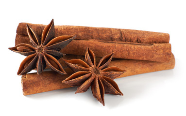 Spice star anise, cinnamon isolated on white background