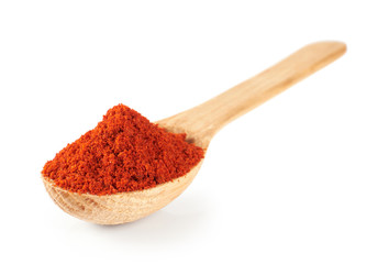 Paprika on a wooden spoon isolated on white background