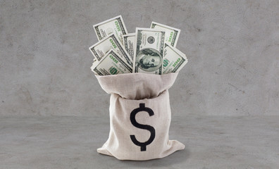 dollar paper money in bag over concrete