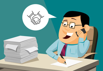 Funny man signing contract and arranges business meeting. Handshake icon. Vector simple cartoon illustration.