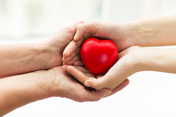 Naklejka na ściany i meble senior and young woman hands holding red heart