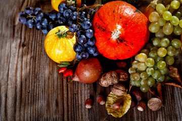 Autumn - fruit and vegetable on wooden table