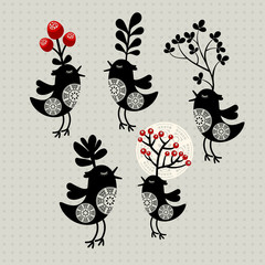 Set of strange birds with plants on their heads.