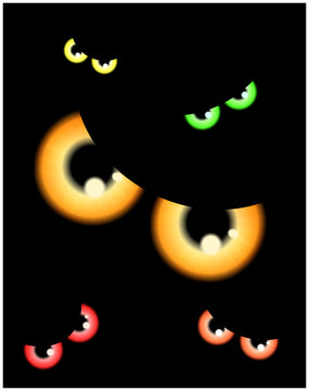 Image of Happy Halloween spooky background Flat design. Vector illustration of invitation card with scary bloody eyes, eyeballs