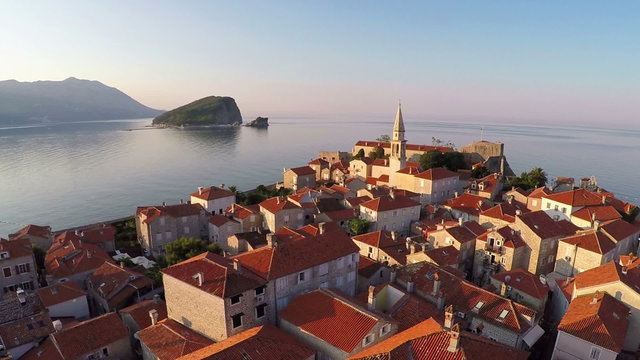 Flying above the old town of Budva, Montenegro - aerial photography