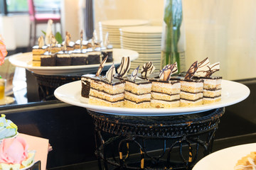 Various cake pieces of chocolate and vanilla on dish