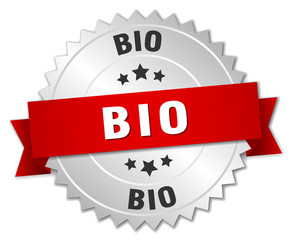 bio 3d silver badge with red ribbon