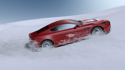 Sportwagen auf schneeglatter Strasse