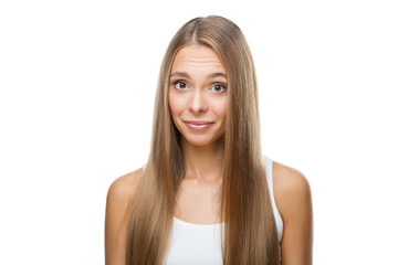 Portrait of beautiful woman on white background