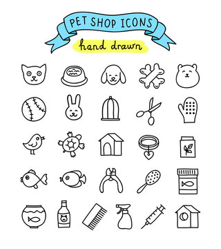 Pet shop hand drawn icons: cat, dog, hamster, fish, bird food and stuff and objects
