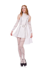 Pretty lady in light charming dress isolated on white