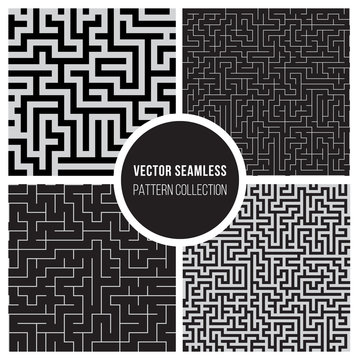 Four Vector Seamless Black and White Labyrinth Geometric Pattern Collection Pack
